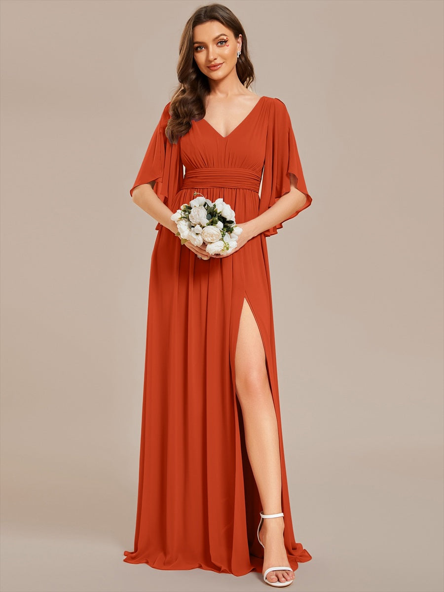 Robe Curvy en mousseline plissée Col V manches mi-longues #Couleur_Burnt Orange