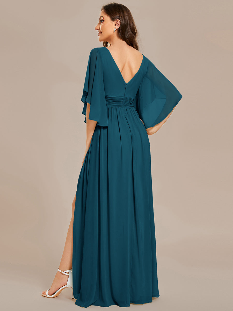 Robe Curvy en mousseline plissée Col V manches mi-longues #Couleur_Bleu Canard