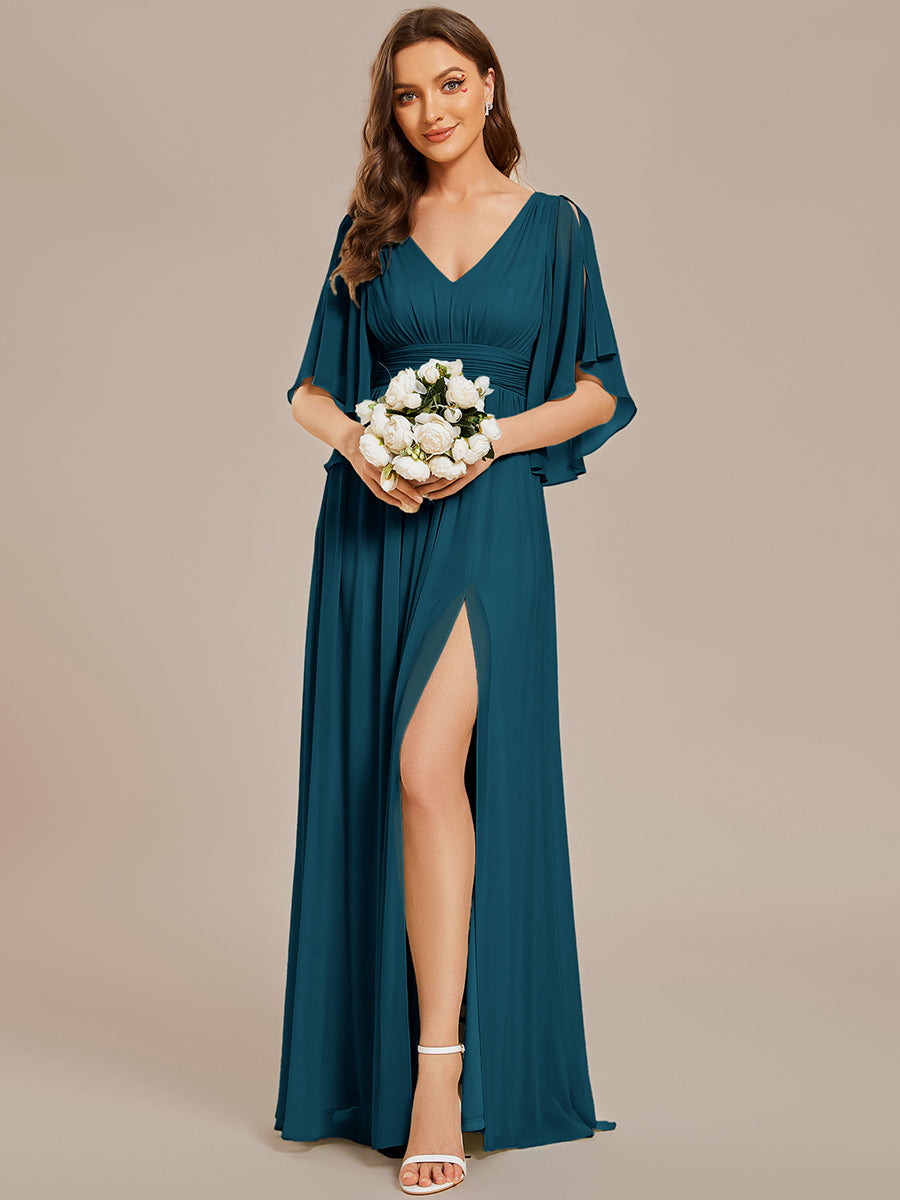 Robe Curvy en mousseline plissée Col V manches mi-longues #Couleur_Bleu Canard