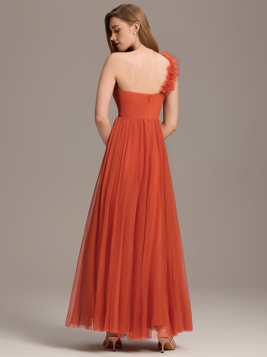 Robe demoiselle d'honneur à une épaule appliquée en tulle avec une fente haute #Couleur_Burnt Orange
