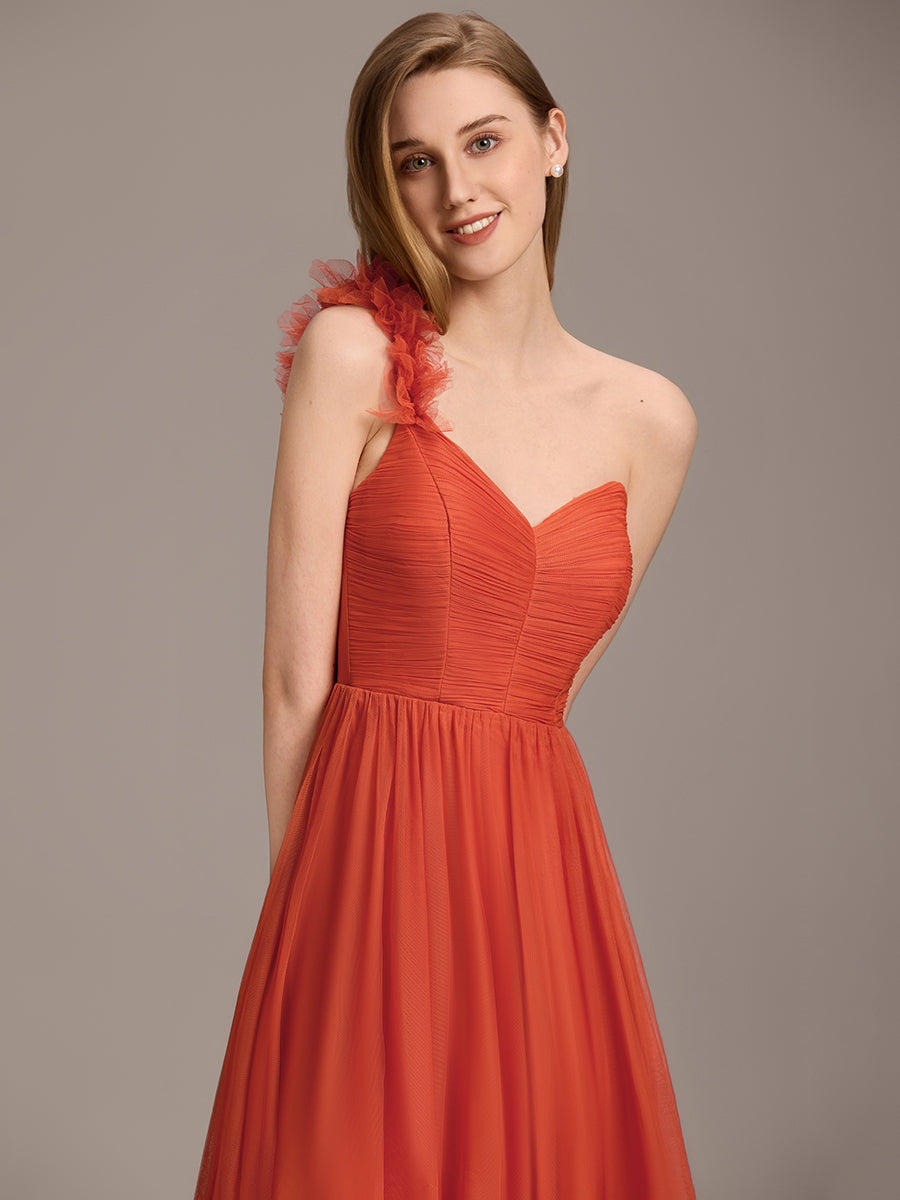 Robe demoiselle d'honneur à une épaule appliquée en tulle avec une fente haute #Couleur_Burnt Orange
