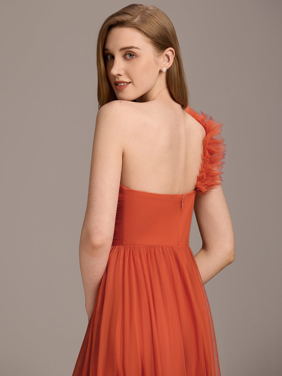 Robe demoiselle d'honneur à une épaule appliquée en tulle avec une fente haute #Couleur_Burnt Orange
