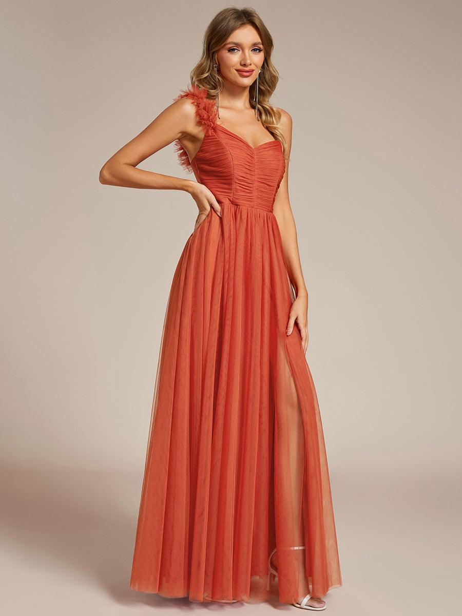 Robe demoiselle d'honneur à une épaule appliquée en tulle avec une fente haute #Couleur_Burnt Orange
