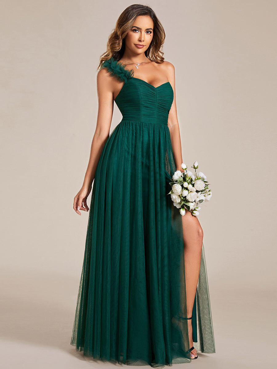 Robe demoiselle d'honneur à une épaule appliquée en tulle avec une fente haute #Couleur_Vert Fonce