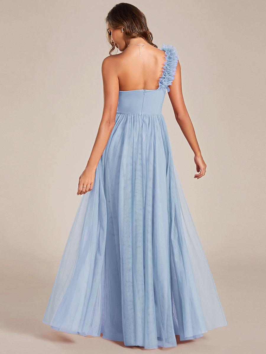 Robe demoiselle d'honneur à une épaule appliquée en tulle avec une fente haute #Couleur_Bleu Clair
