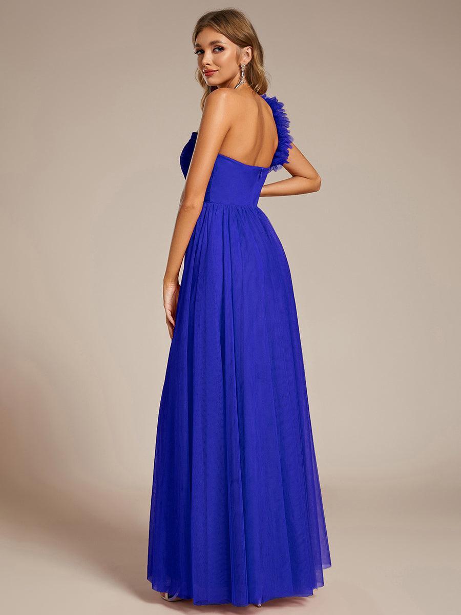Robe demoiselle d'honneur à une épaule appliquée en tulle avec une fente haute #Couleur_Bleu Saphir