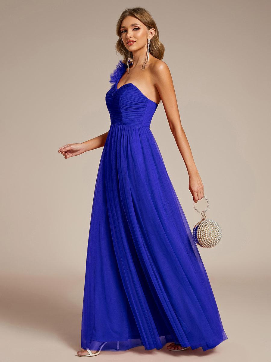 Robe demoiselle d'honneur à une épaule appliquée en tulle avec une fente haute #Couleur_Bleu Saphir