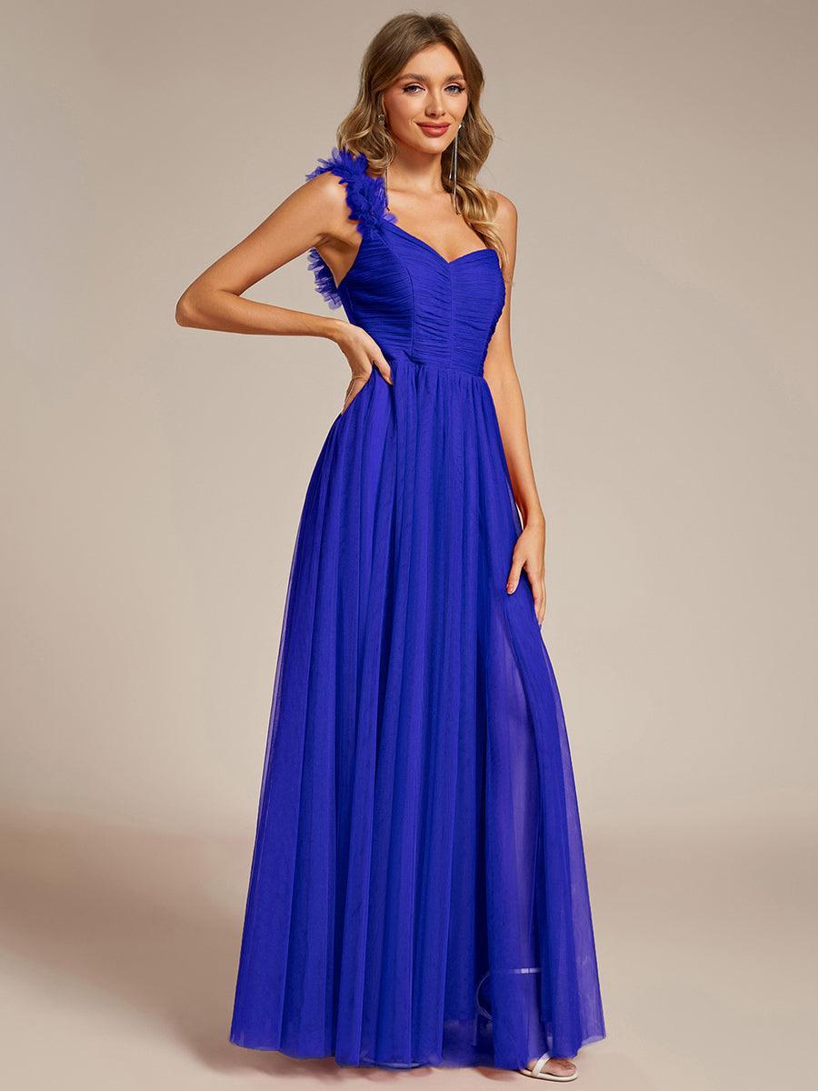 Robe demoiselle d'honneur à une épaule appliquée en tulle avec une fente haute #Couleur_Bleu Saphir