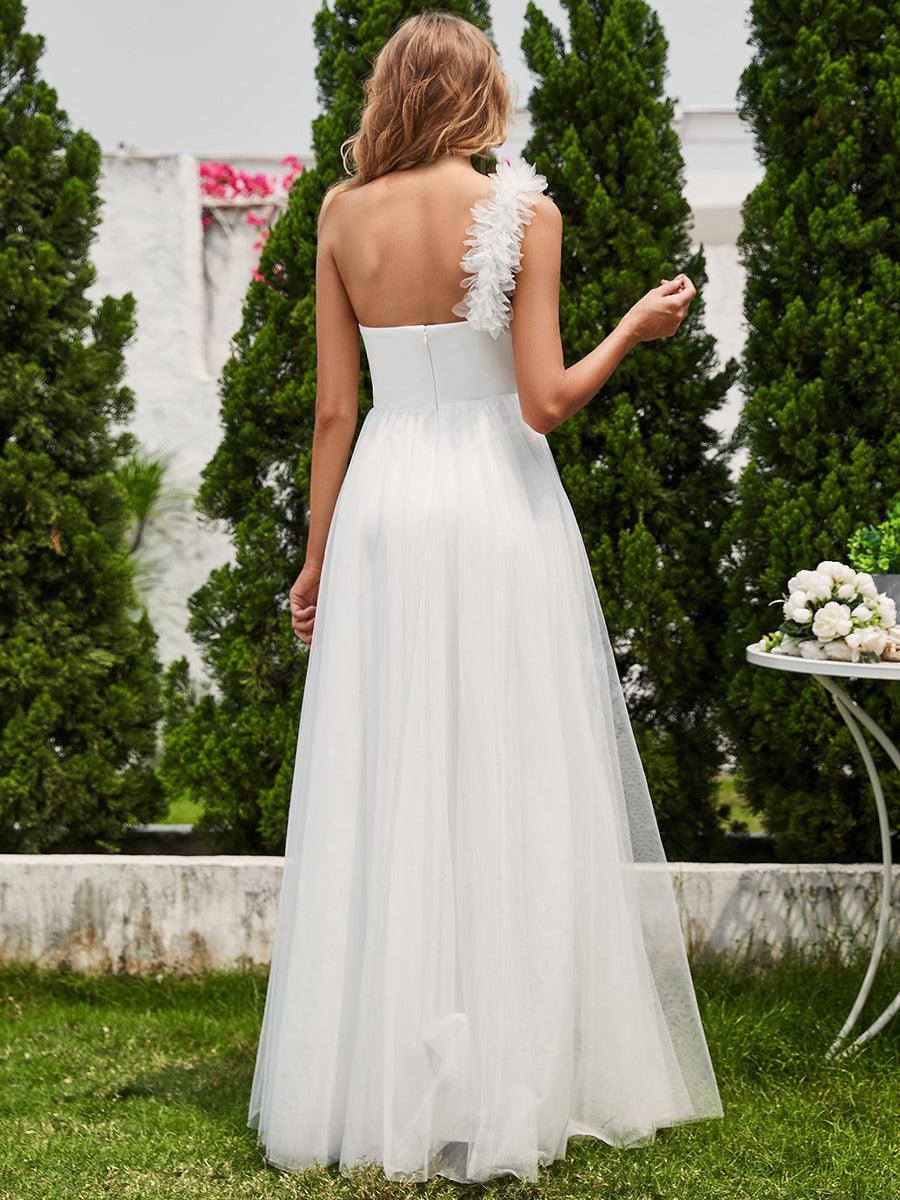 Robe demoiselle d'honneur à une épaule appliquée en tulle avec une fente haute #Couleur_Blanc