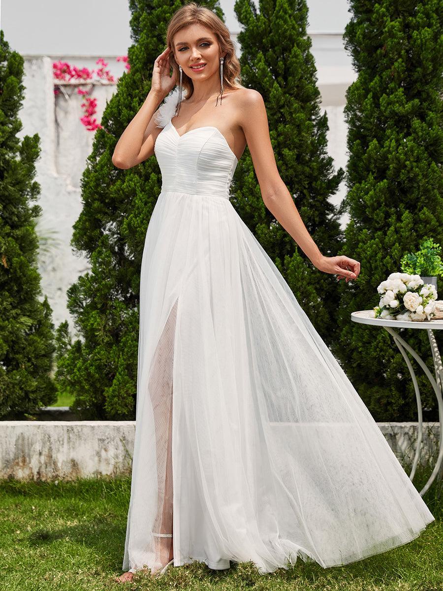 Robe demoiselle d'honneur à une épaule appliquée en tulle avec une fente haute #Couleur_Blanc
