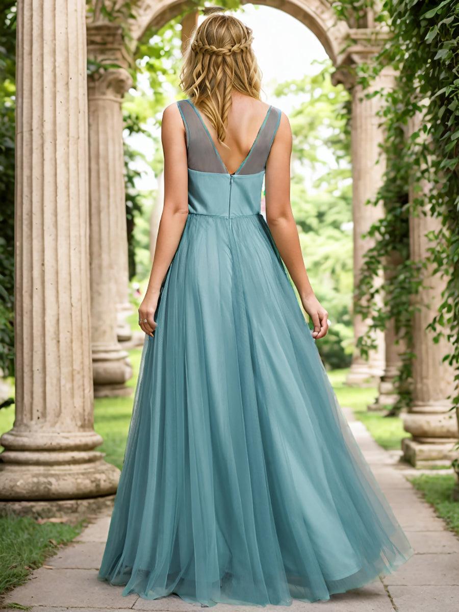 Robe de demoiselle d'honneur longue élégante à col en V et appliques#Couleur_Bleu Fume