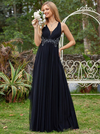 Robe de demoiselle d'honneur trapèze élégante sans manches à col en V