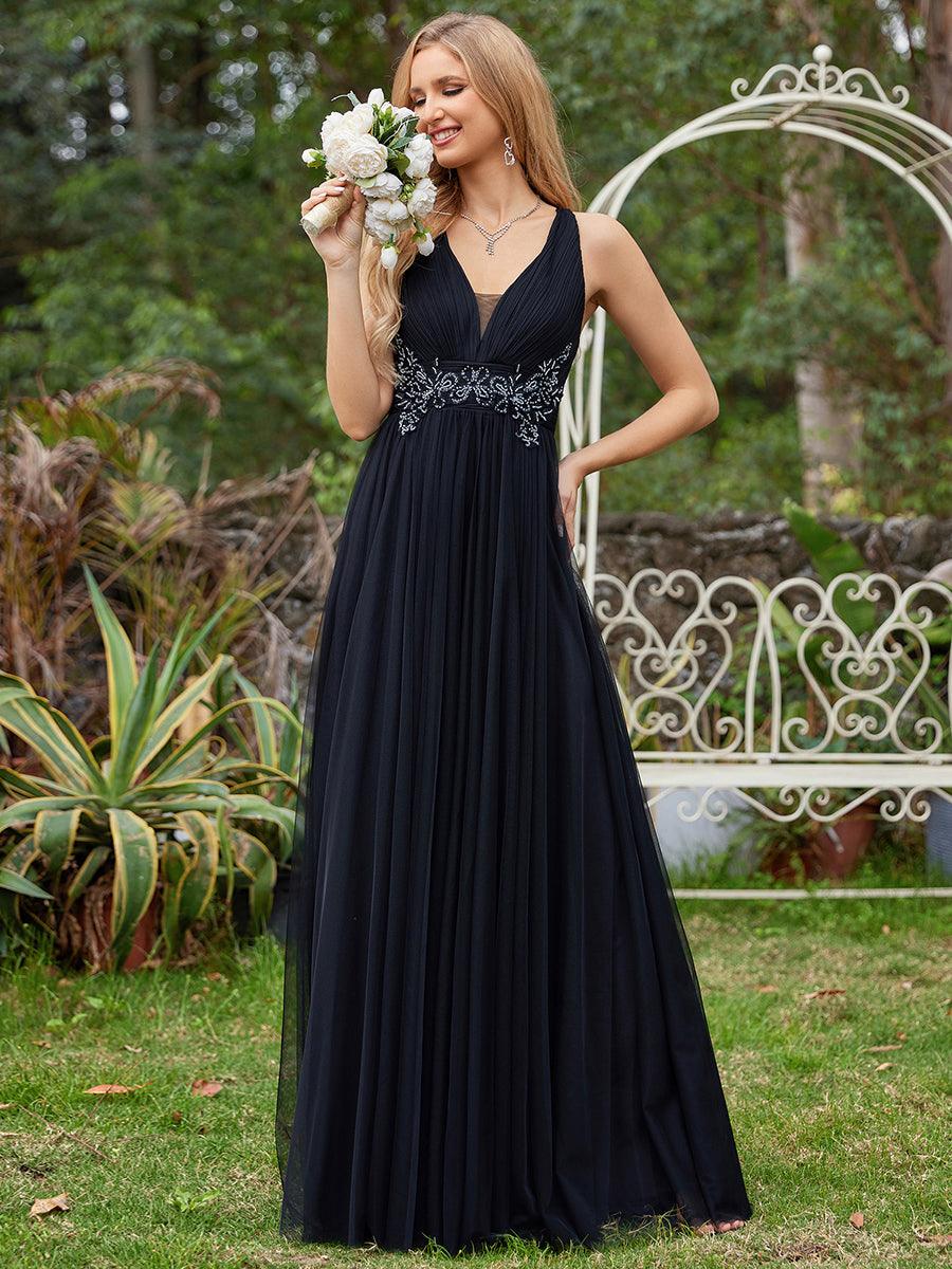 Robe de demoiselle d'honneur trapèze élégante sans manches à col en V#Couleur_Noir