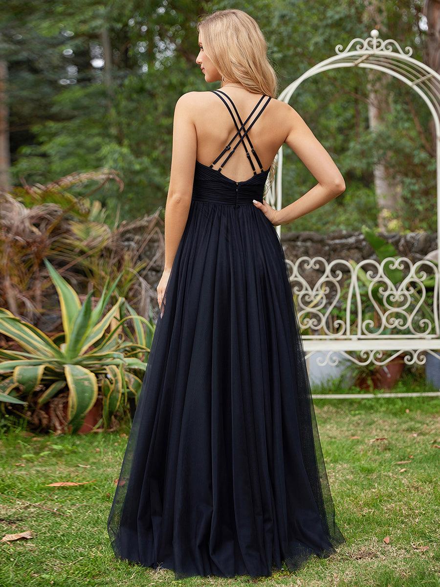 Robe de demoiselle d'honneur trapèze élégante sans manches à col en V#Couleur_Noir