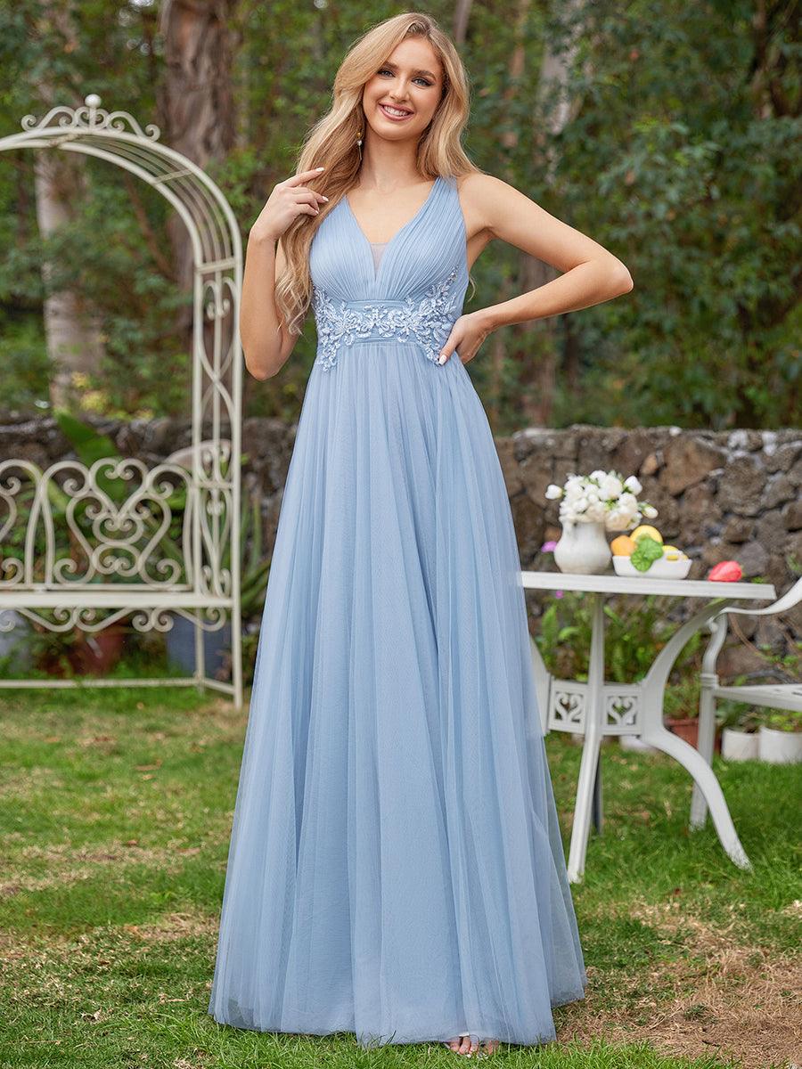 Robe de demoiselle d'honneur trapèze élégante sans manches à col en V#Couleur_Bleu Clair