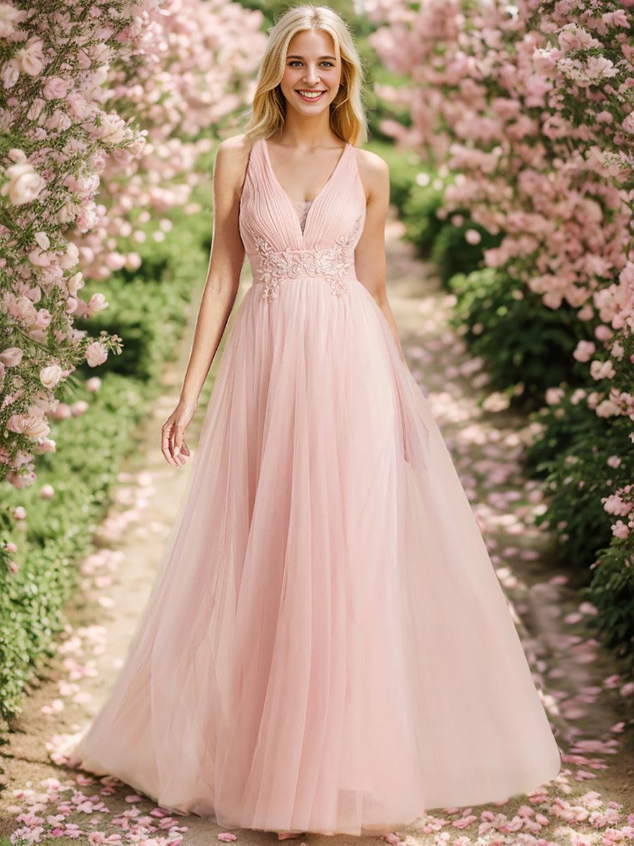 Robe de demoiselle d'honneur trapèze élégante sans manches à col en V#Couleur_Rose