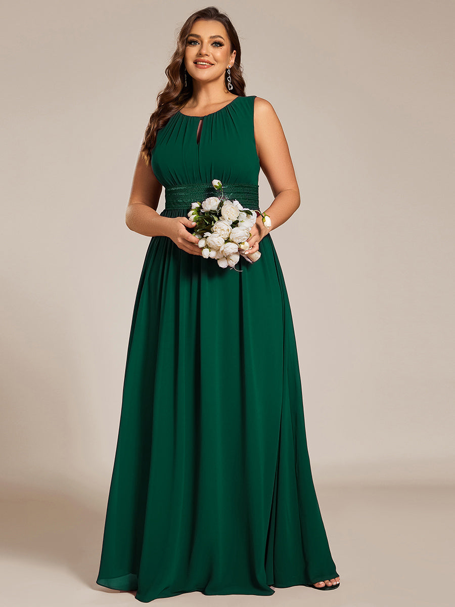 Robe De Demoiselle D'honneur Trapèze Simple Sans Manches En Mousseline Avec Détails Ajourés #Couleur_Vert Foncé