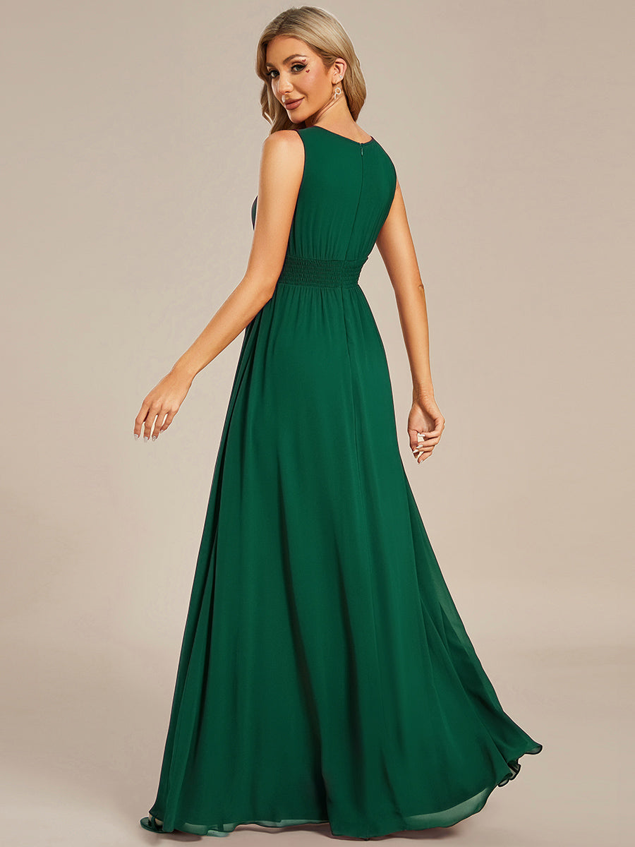 Robe De Demoiselle D'honneur Trapèze Simple Sans Manches En Mousseline Avec Détails Ajourés #Couleur_Vert Foncé