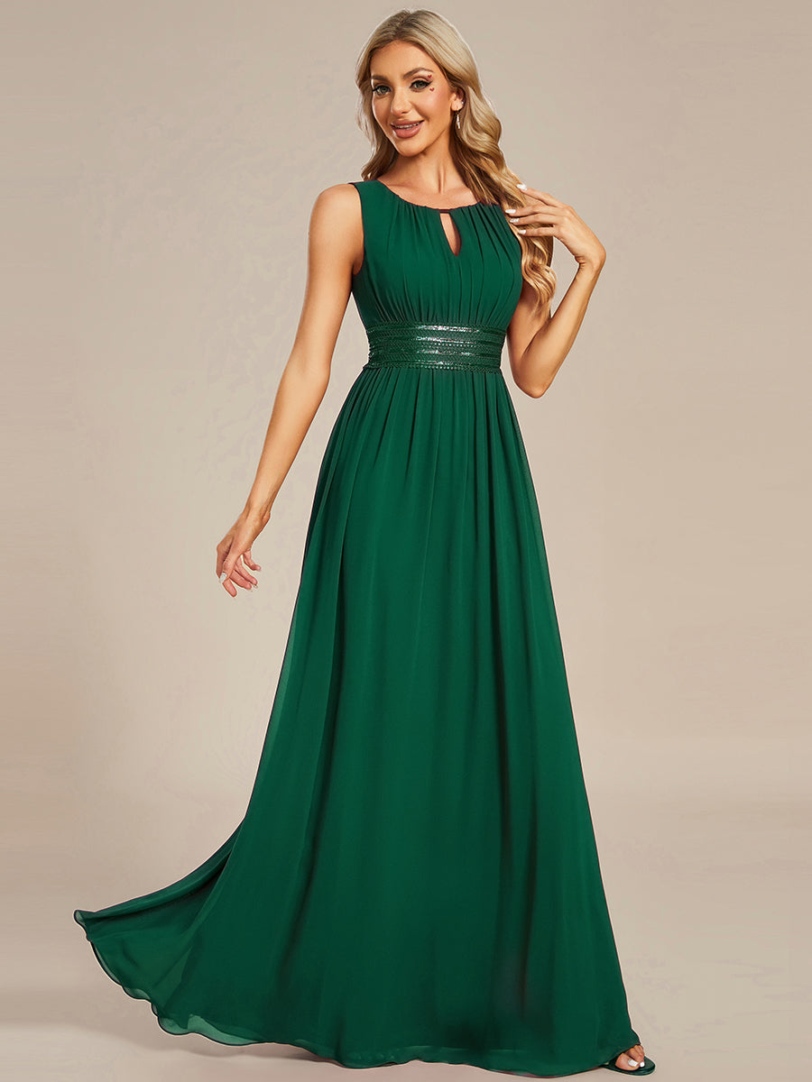 Robe De Demoiselle D'honneur Trapèze Simple Sans Manches En Mousseline Avec Détails Ajourés #Couleur_Vert Foncé