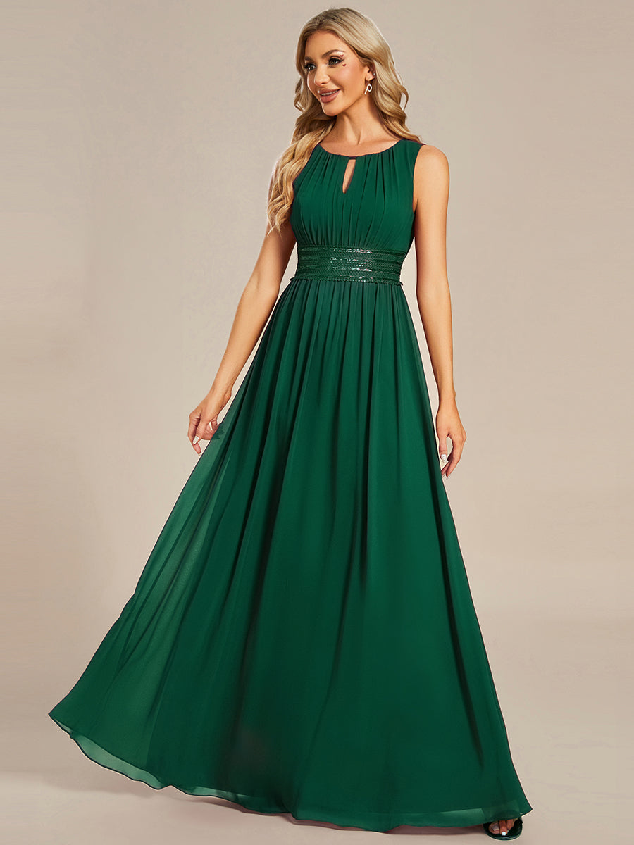 Robe De Demoiselle D'honneur Trapèze Simple Sans Manches En Mousseline Avec Détails Ajourés #Couleur_Vert Foncé