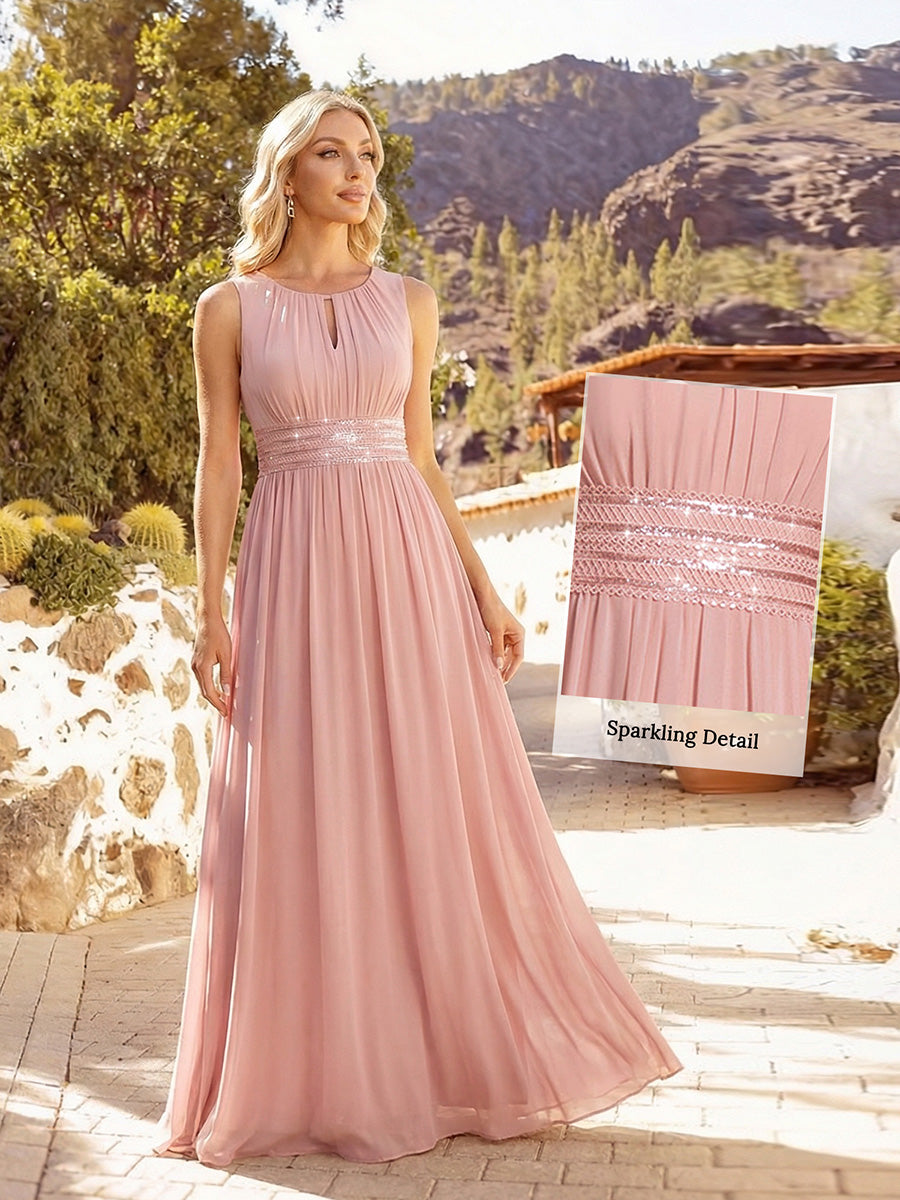 Robe De Demoiselle D'honneur Trapèze Simple Sans Manches En Mousseline Avec Détails Ajourés #Couleur_Rose fumee