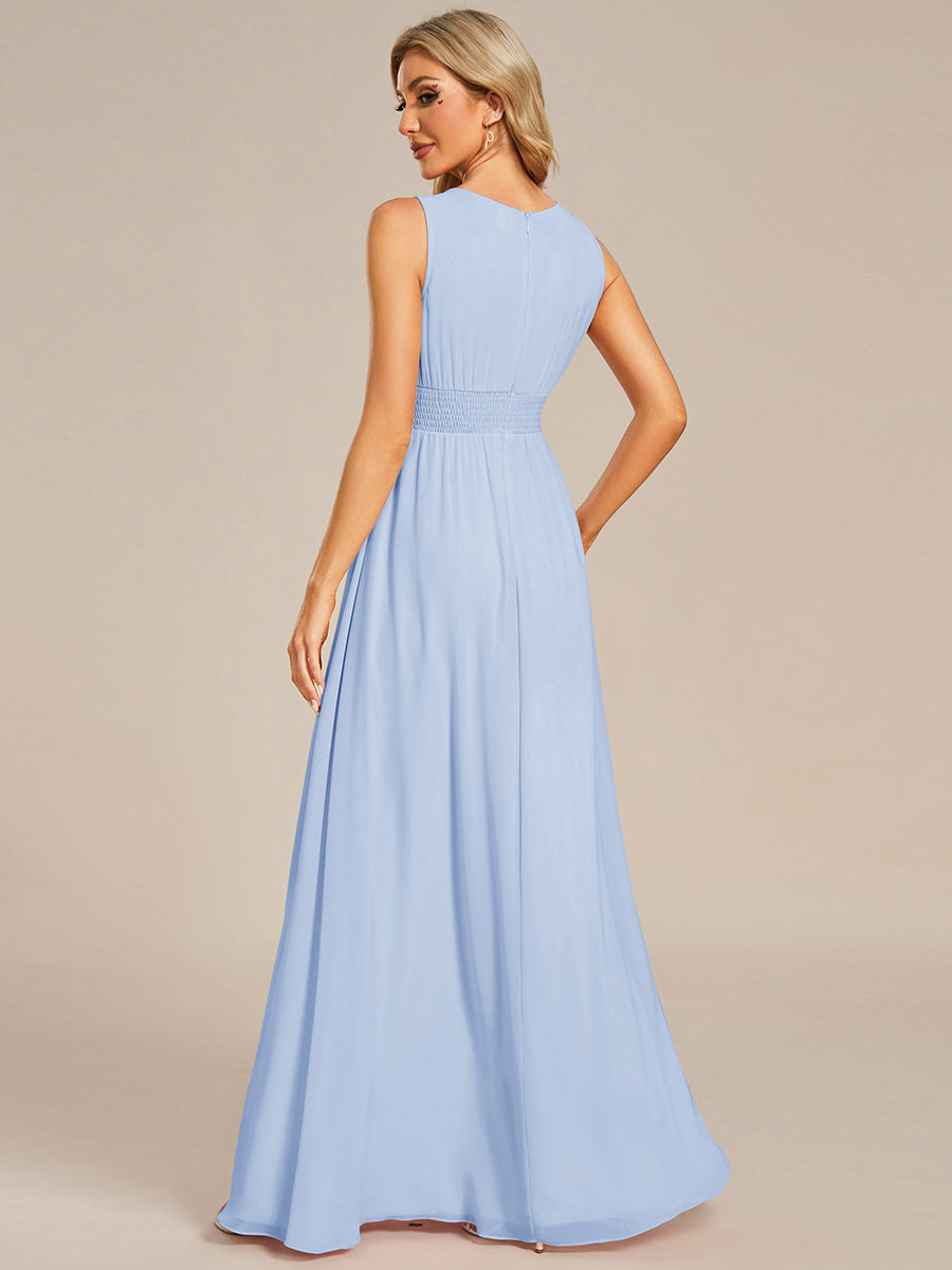 Robe D'invité De Mariage En Mousseline De Soie Mi-Longue Plissée à Manches à Volants Et Col En V  #Couleur_Bleu Glace