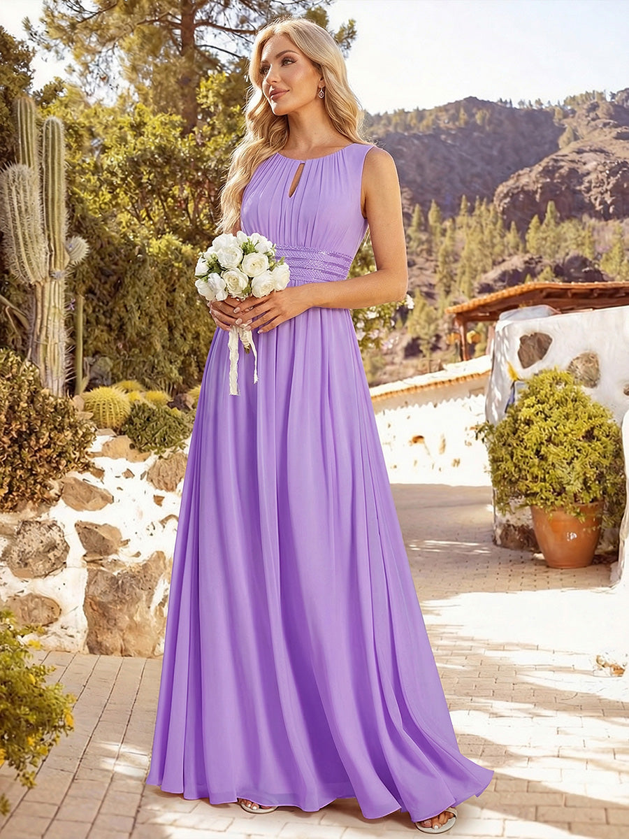 Robe De Demoiselle D'honneur Trapèze Simple Sans Manches En Mousseline Avec Détails Ajourés #Couleur_Lavande