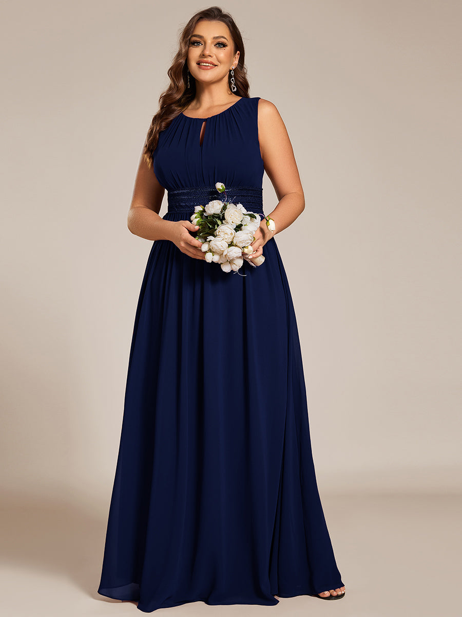Robe De Demoiselle D'honneur Trapèze Simple Sans Manches En Mousseline Avec Détails Ajourés #Couleur_Bleu Marine