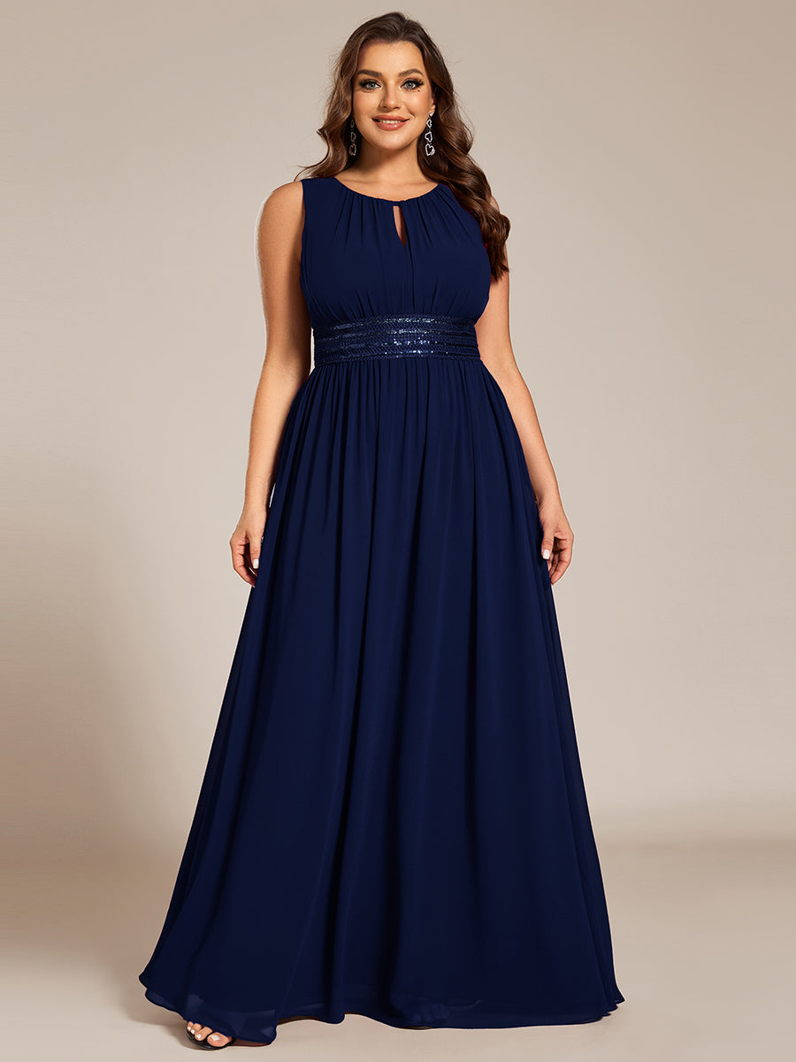 Robe De Demoiselle D'honneur Trapèze Simple Sans Manches En Mousseline Avec Détails Ajourés #Couleur_Bleu Marine