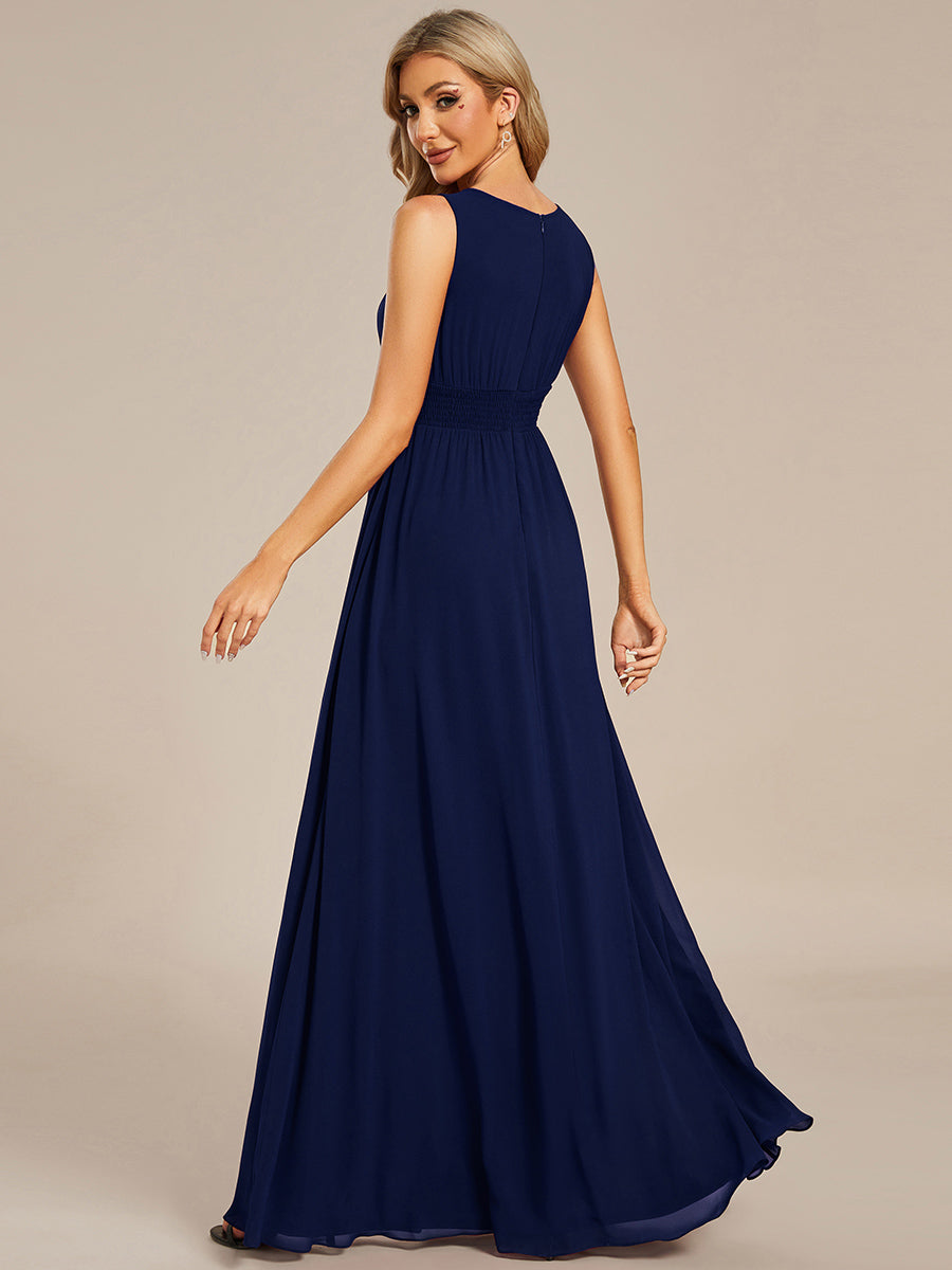 Robe De Demoiselle D'honneur Trapèze Simple Sans Manches En Mousseline Avec Détails Ajourés #Couleur_Bleu Marine