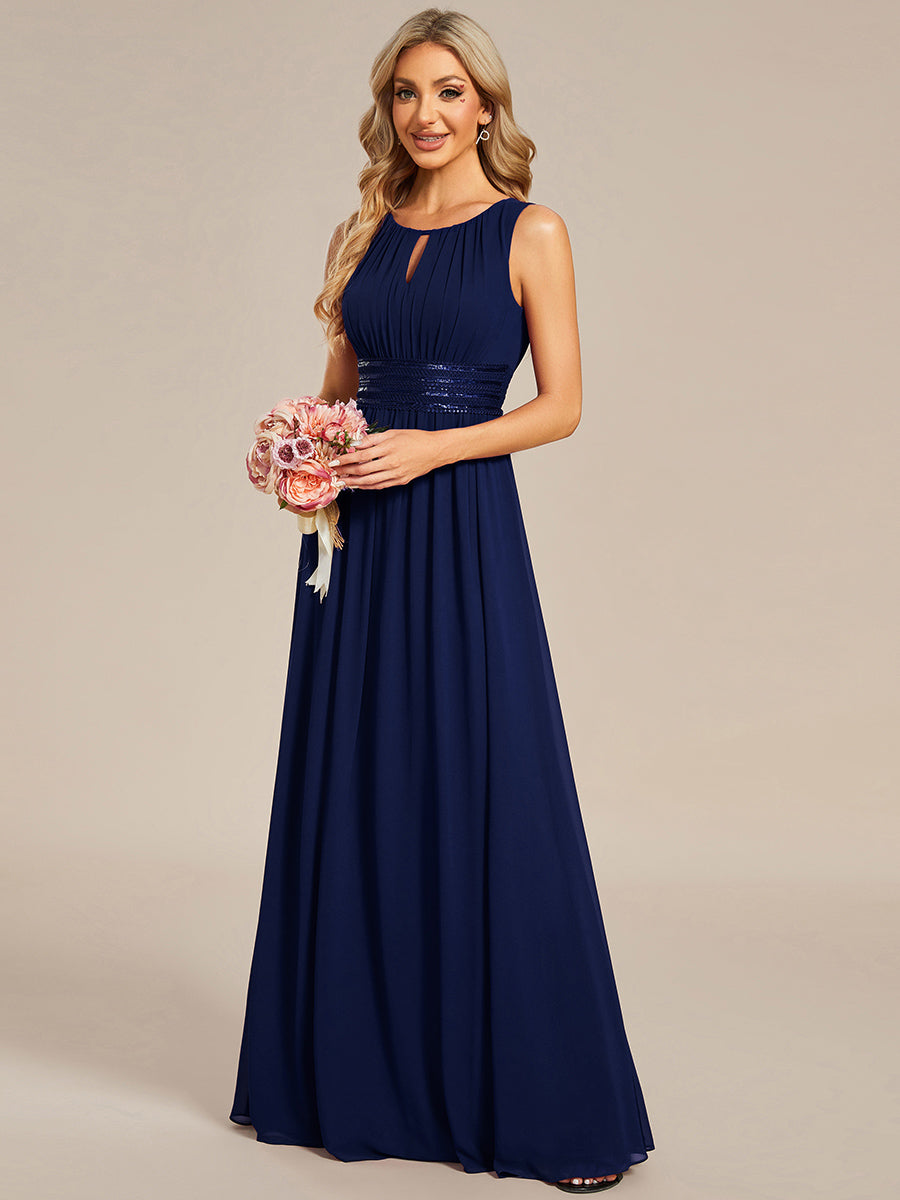 Robe De Demoiselle D'honneur Trapèze Simple Sans Manches En Mousseline Avec Détails Ajourés #Couleur_Bleu Marine