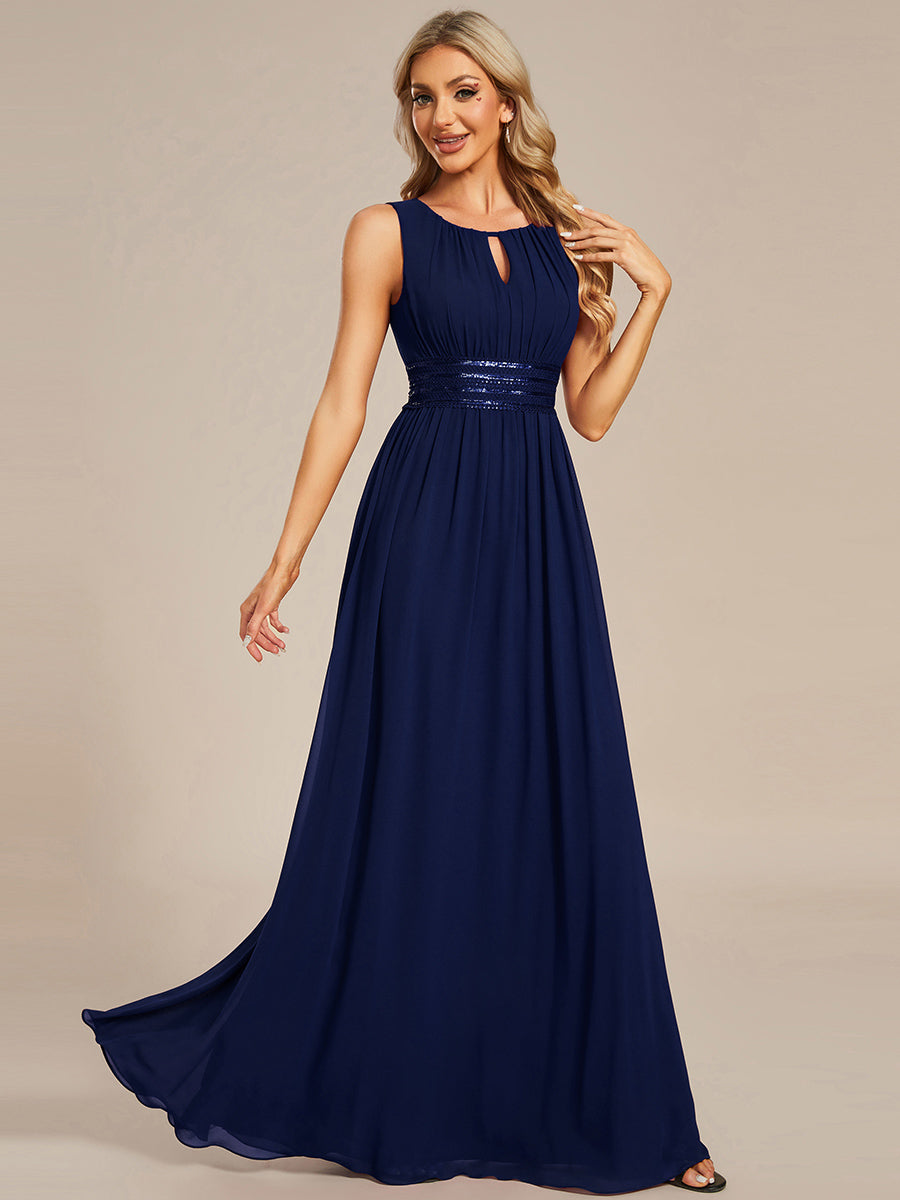Robe De Demoiselle D'honneur Trapèze Simple Sans Manches En Mousseline Avec Détails Ajourés #Couleur_Bleu Marine