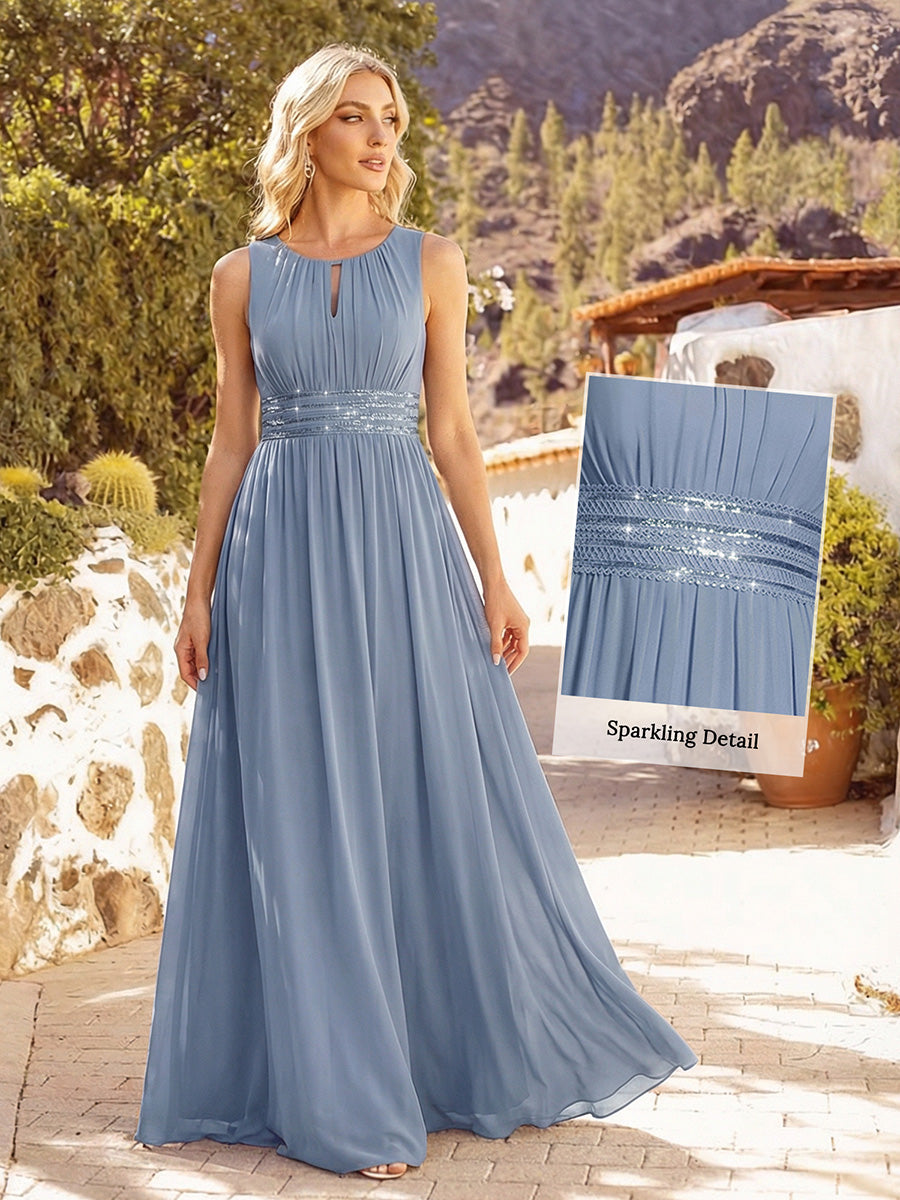Robe De Demoiselle D'honneur Trapèze Simple Sans Manches En Mousseline Avec Détails Ajourés #Couleur_Bleu Ardoise