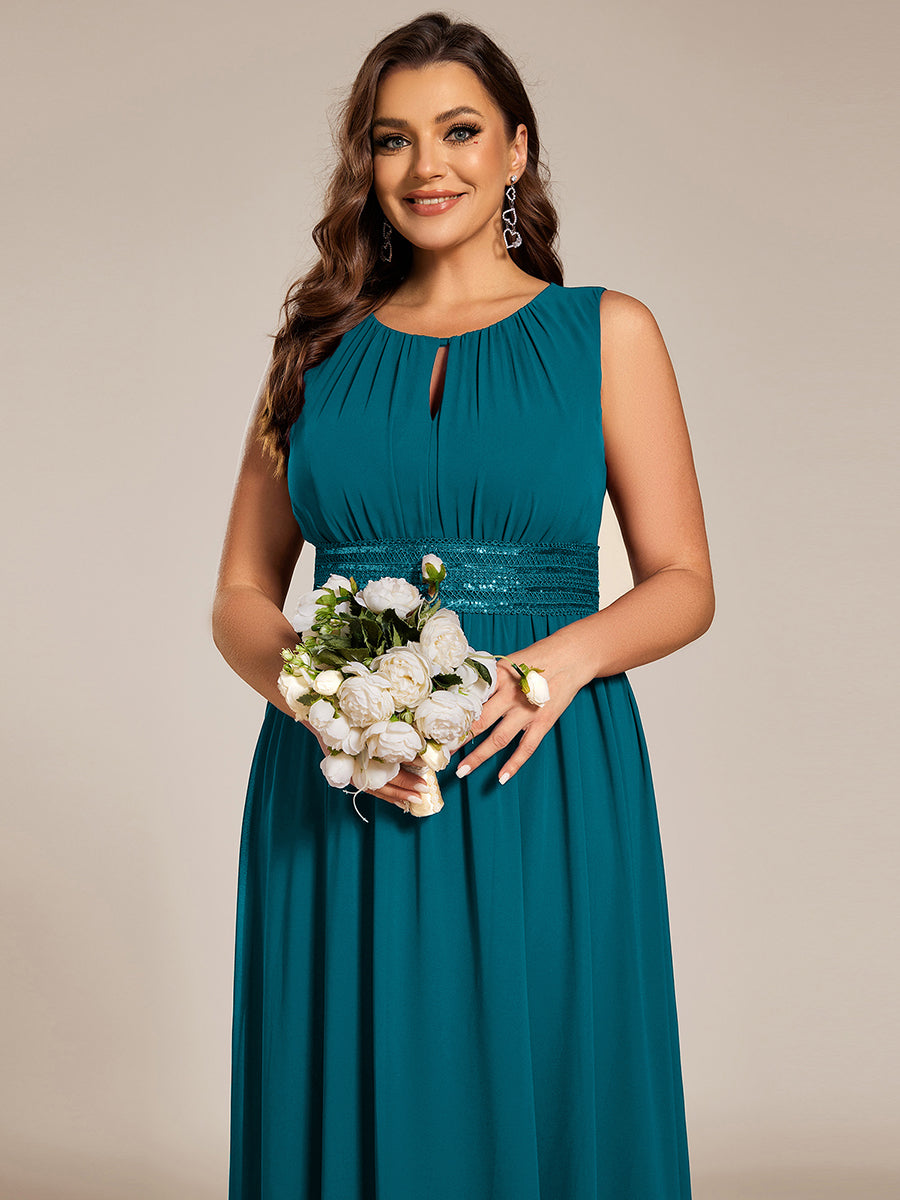 Robe De Demoiselle D'honneur Trapèze Simple Sans Manches En Mousseline Avec Détails Ajourés #Couleur_Bleu Canard