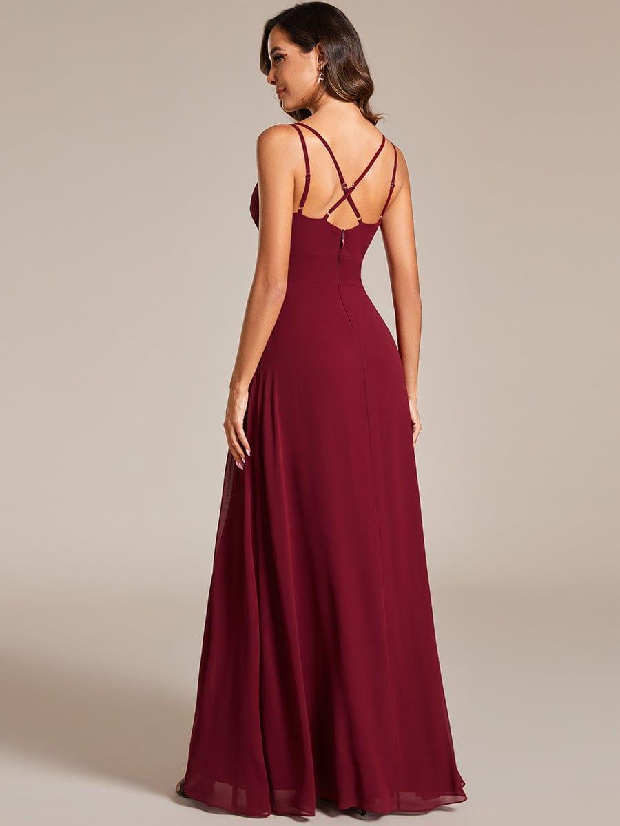 Robe de demoiselle d'honneur en mousseline à col en V avec fente haute #Couleur_Bordeaux
