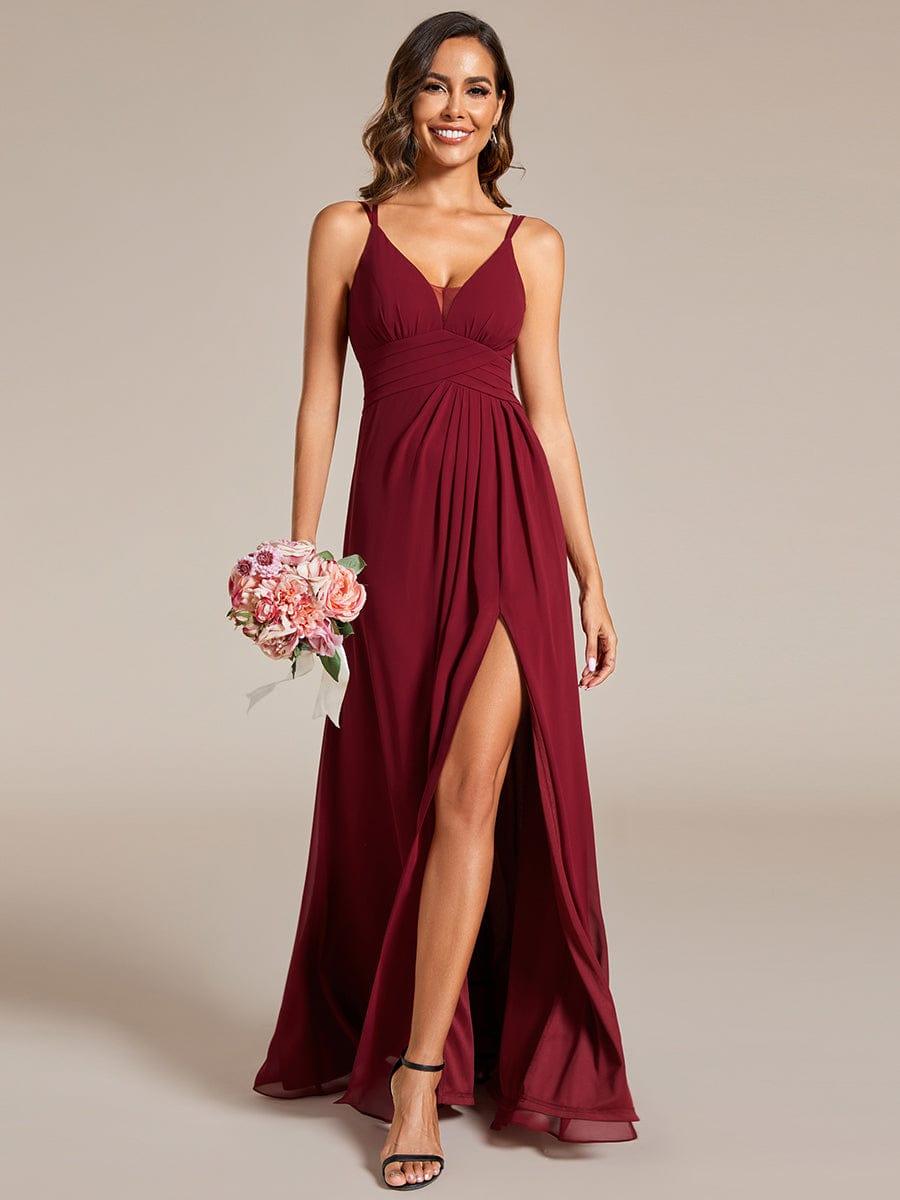 Robe de demoiselle d'honneur en mousseline à col en V avec fente haute #Couleur_Bordeaux
