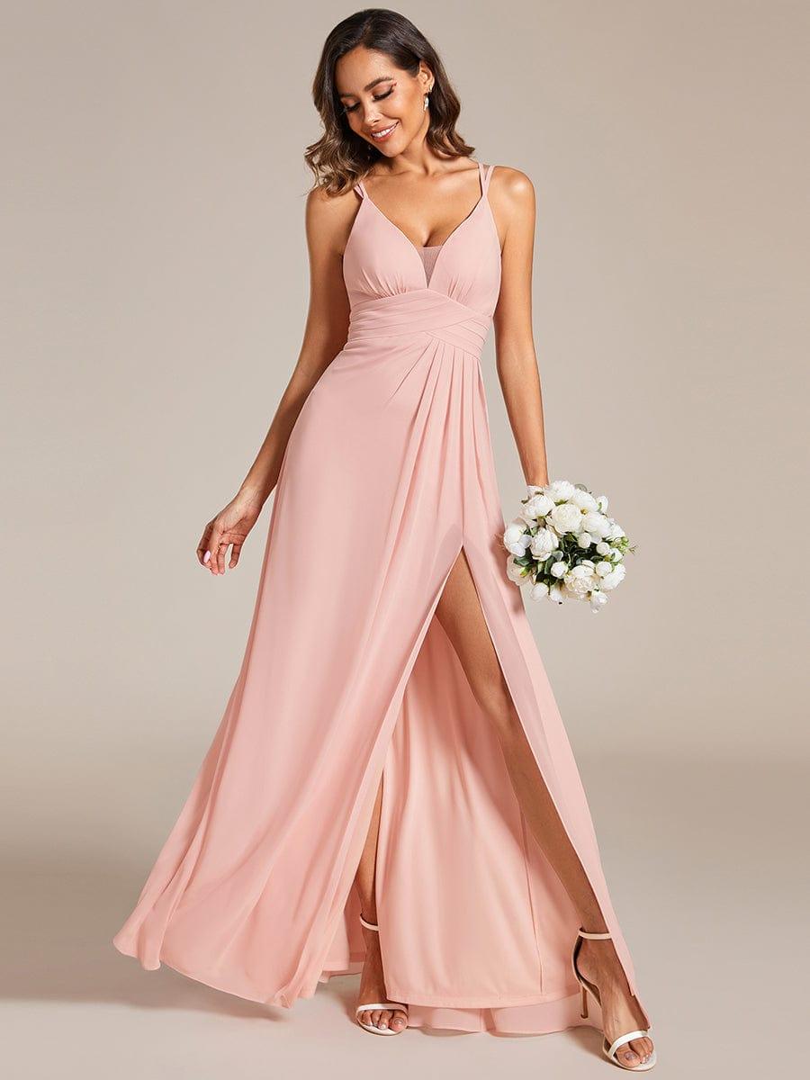 Robe de demoiselle d'honneur en mousseline à col en V avec fente haute #Couleur_Rose