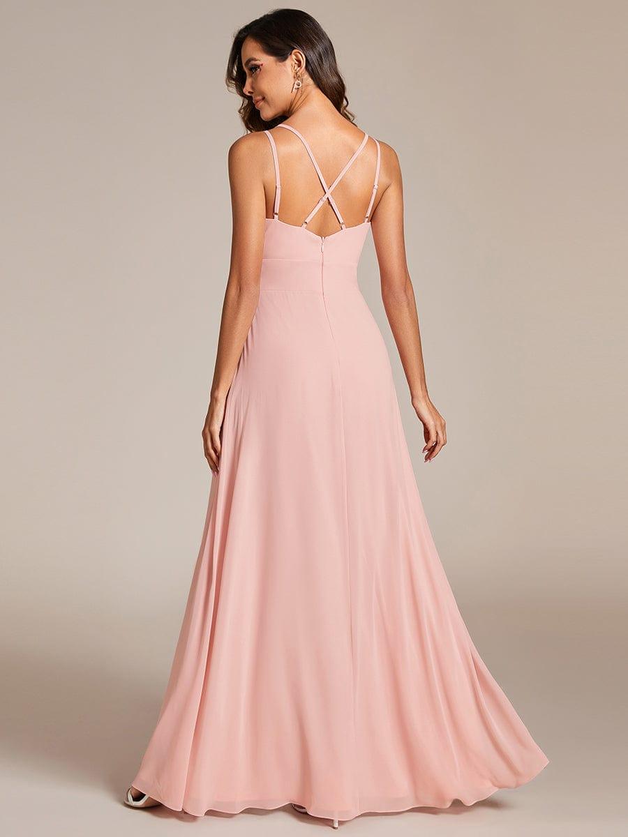 Robe de demoiselle d'honneur en mousseline à col en V avec fente haute #Couleur_Rose