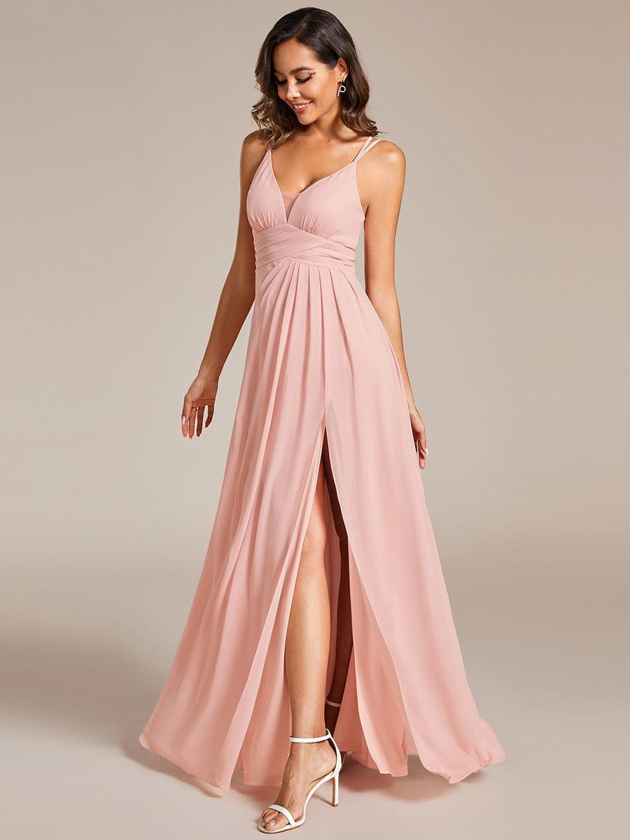 Robe de demoiselle d'honneur en mousseline à col en V avec fente haute #Couleur_Rose
