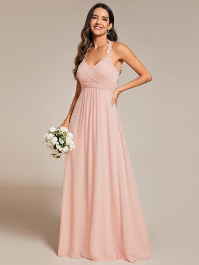 Robe de demoiselle d'honneur plissée dos nu à fleurs et col licou avec col en V