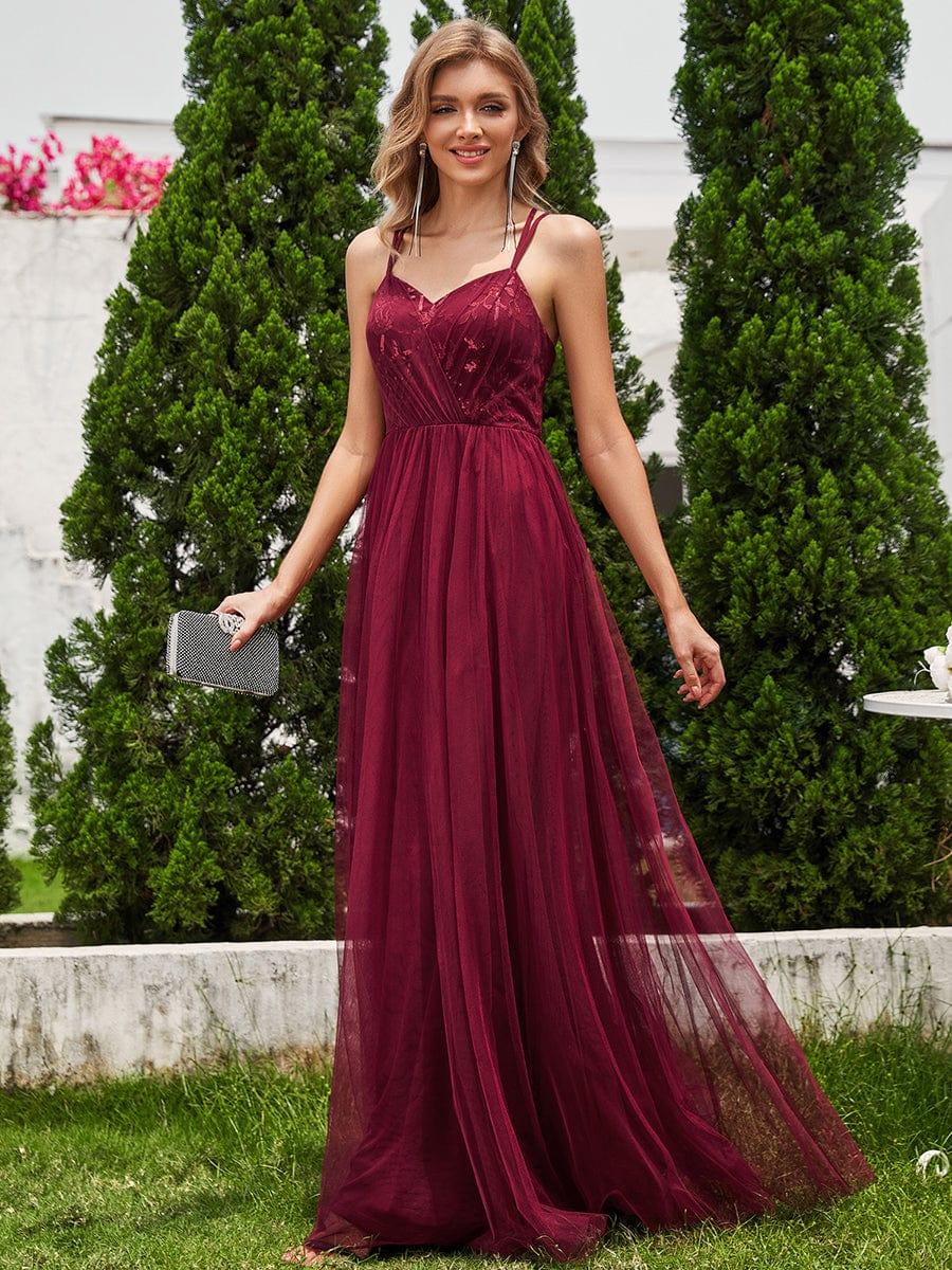 Robe de demoiselle d'honneur sans manches en tulle pailleté avec bretelles croisées dans le dos #Couleur_Bordeaux