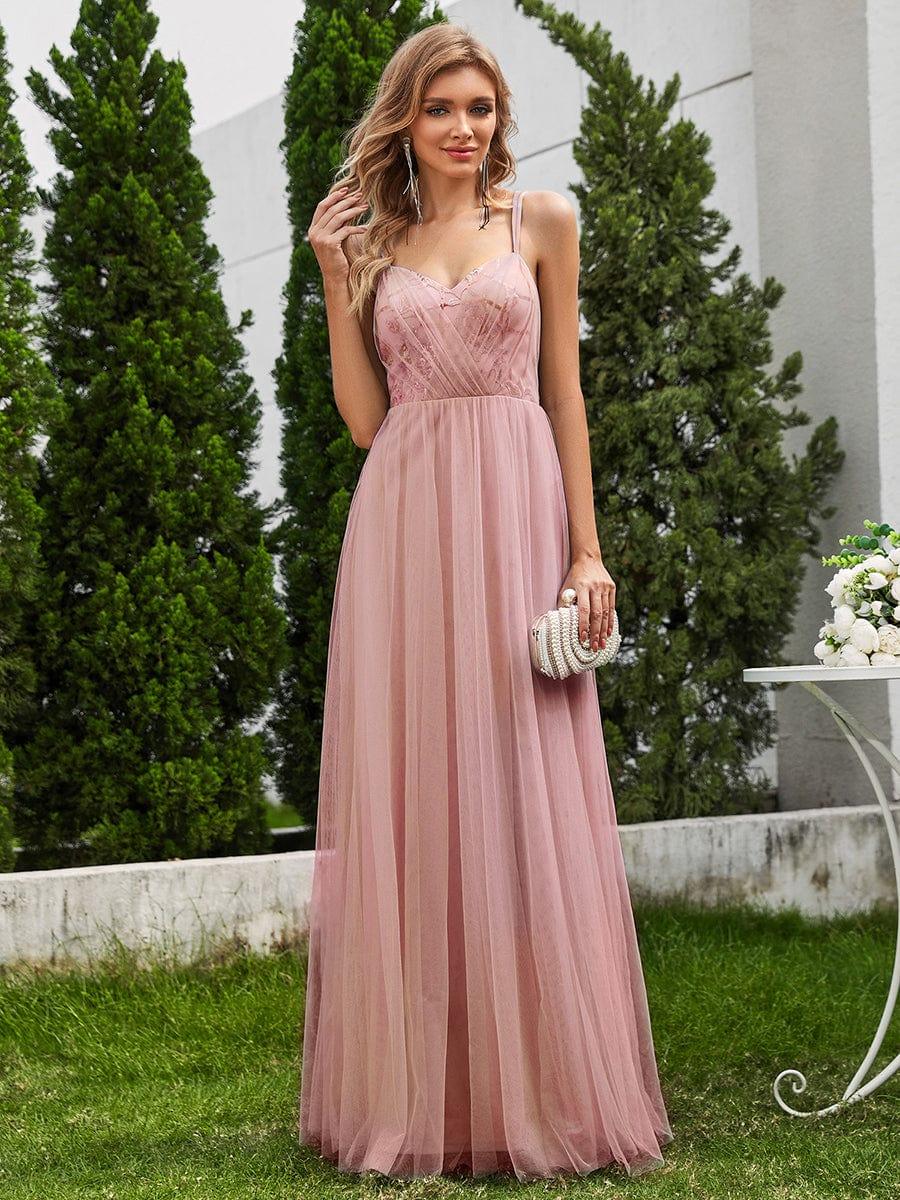 Robe de demoiselle d'honneur sans manches en tulle pailleté avec bretelles croisées dans le dos #Couleur_Rose