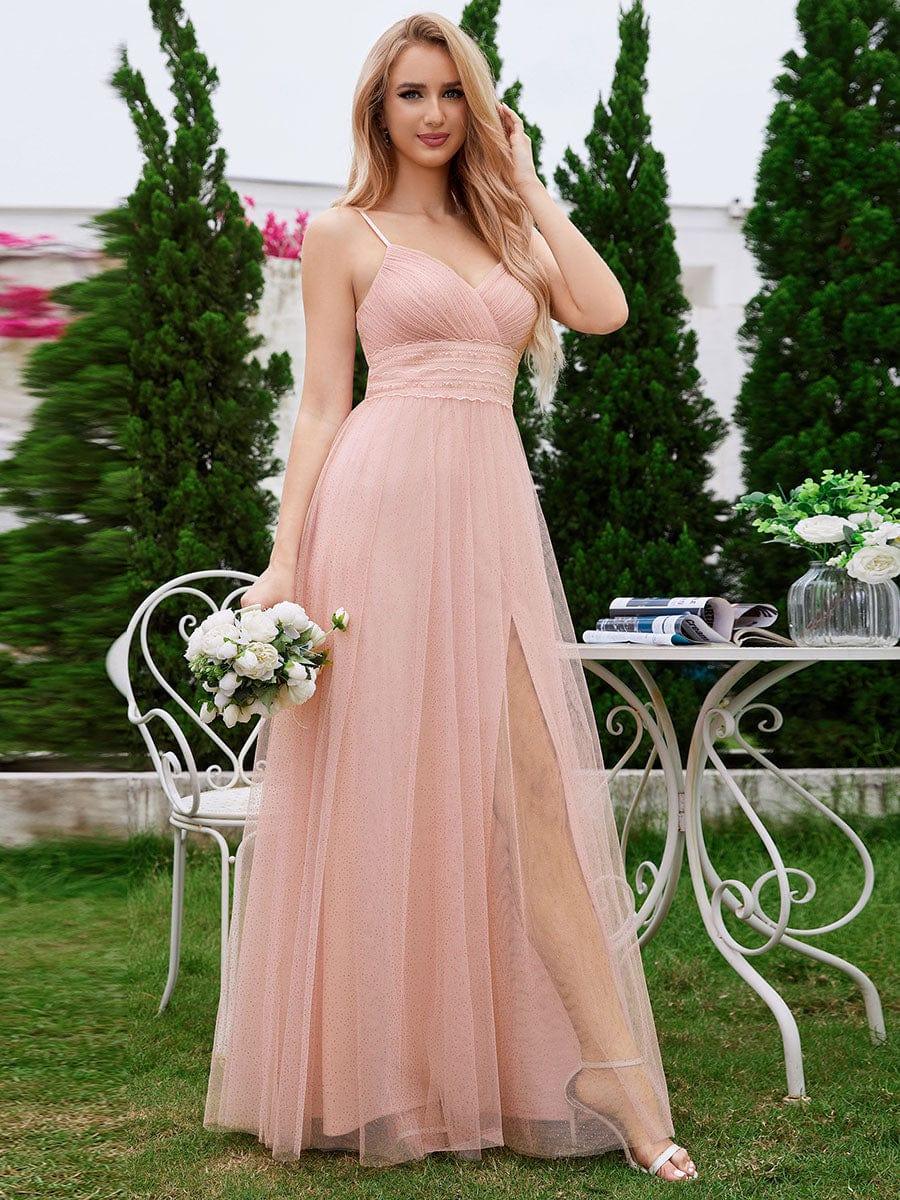 Robe de demoiselle d'honneur sans manches avec fente haute et taille perlée en dentelle avec plissée #Couleur_Rose