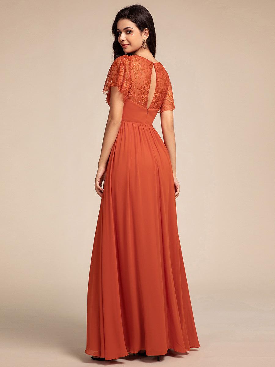 Robe longue de demoiselle d'honneur à manches flottantes et col en V en dentelle #Couleur_Orange Brûlée