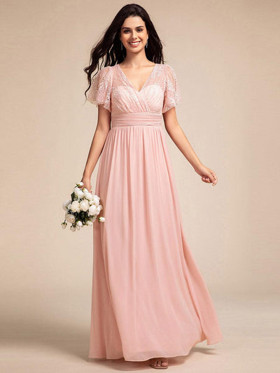 ever ROBYN|Robe longue de demoiselle d'honneur à manches flottantes et col en V en dentelle