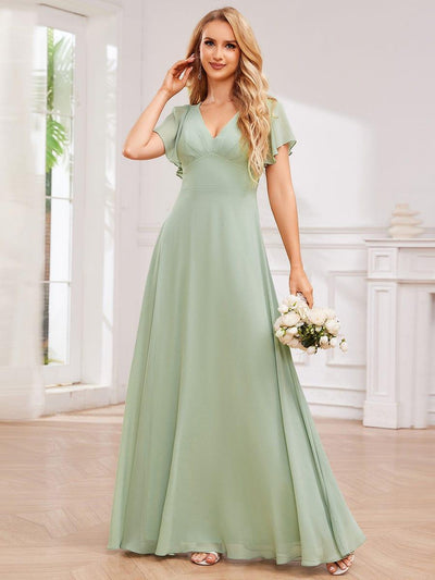 Robe de demoiselle d'honneur plissée trapèze en mousseline de soie avec liens croisés dans le dos et col en V(Vente finale)
