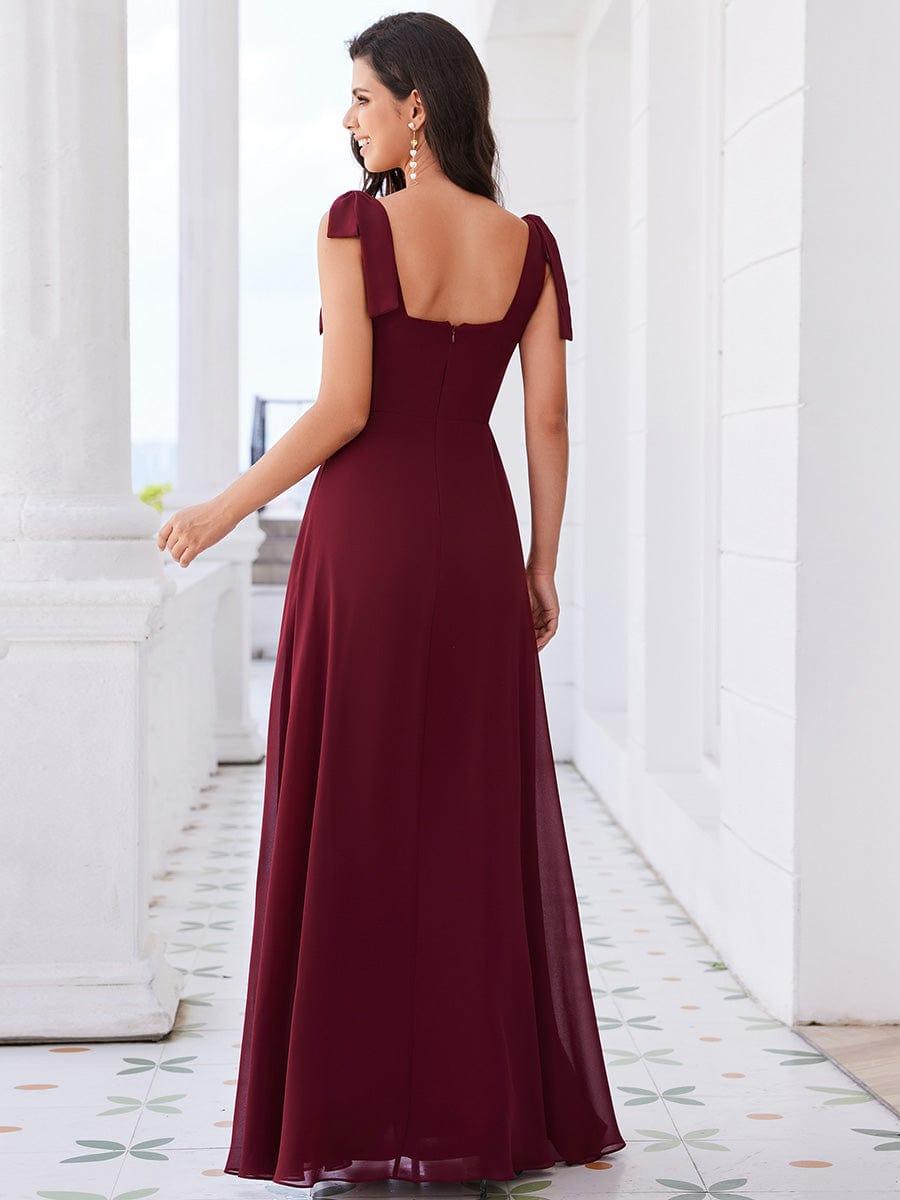 Robe de demoiselle d'honneur en mousseline de soie avec nœud papillon et sans manches à encolure carrée #Couleur_Bordeaux