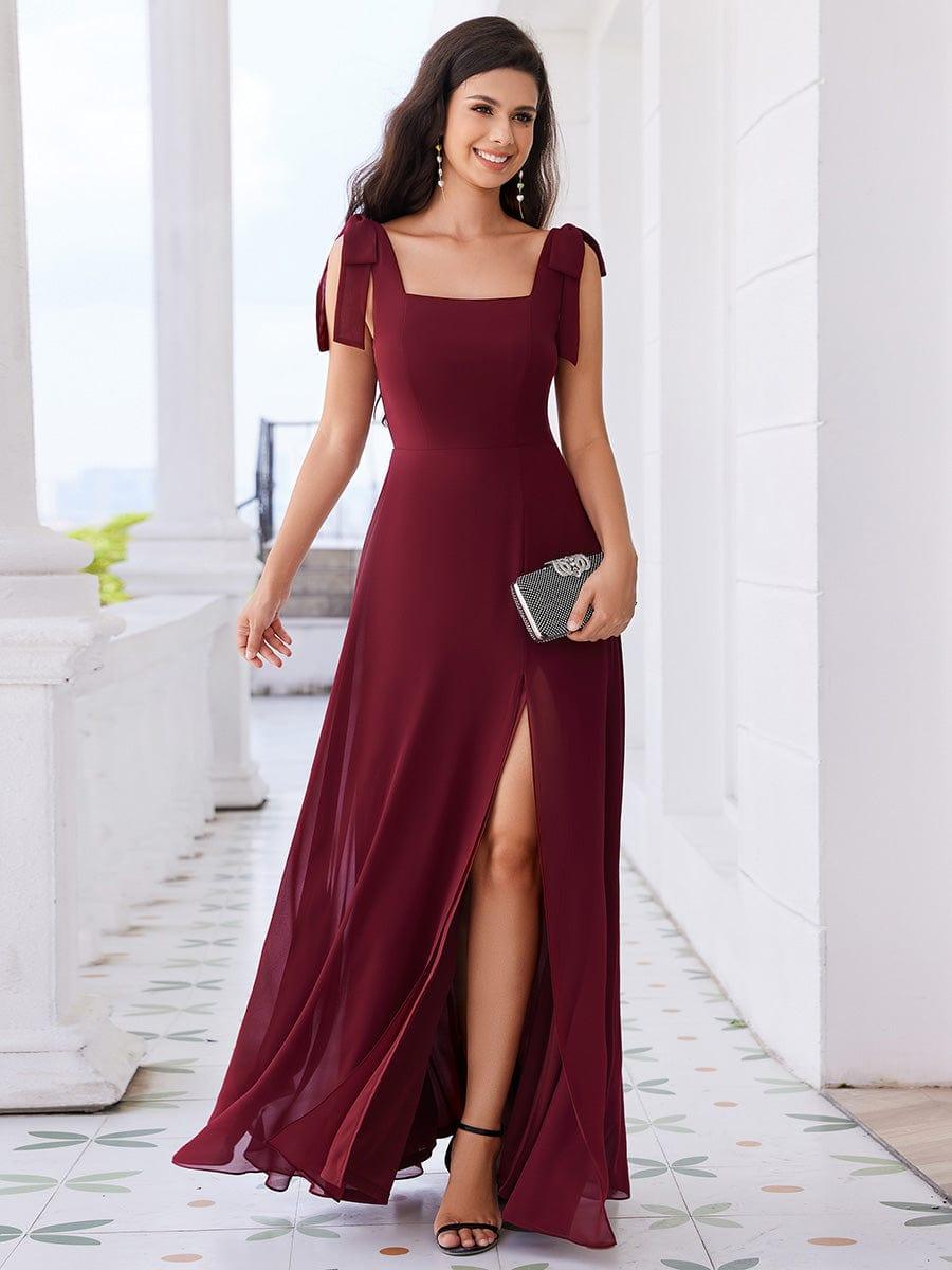 Robe de demoiselle d'honneur en mousseline de soie avec nœud papillon et sans manches à encolure carrée #Couleur_Bordeaux