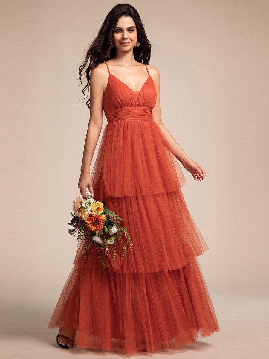 Robe longue de demoiselle d'honneur à bretelles spaghetti à plusieurs niveaux #Couleur_Orange Brûlée
