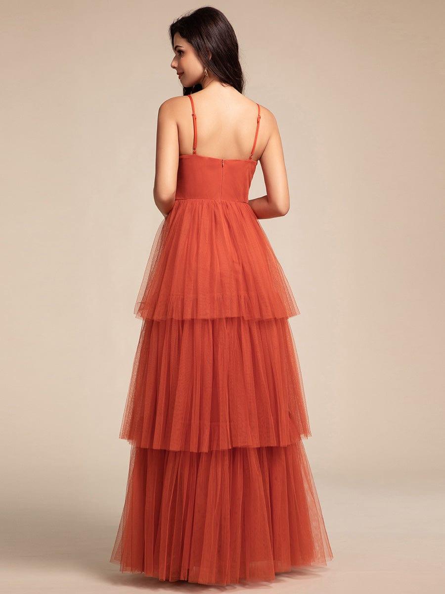 Robe longue de demoiselle d'honneur à bretelles spaghetti à plusieurs niveaux #Couleur_Orange Brûlée